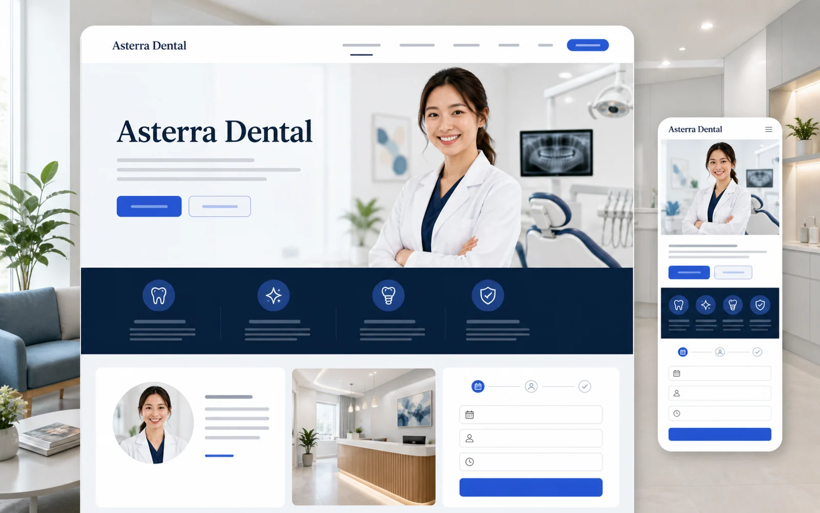 Asterra Dental homepage concept with services and an appointment entry point
