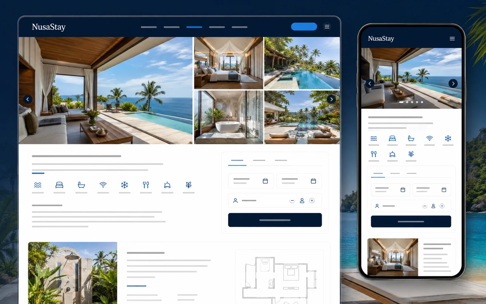 Villa detail concept with a gallery, amenities, and reservation summary