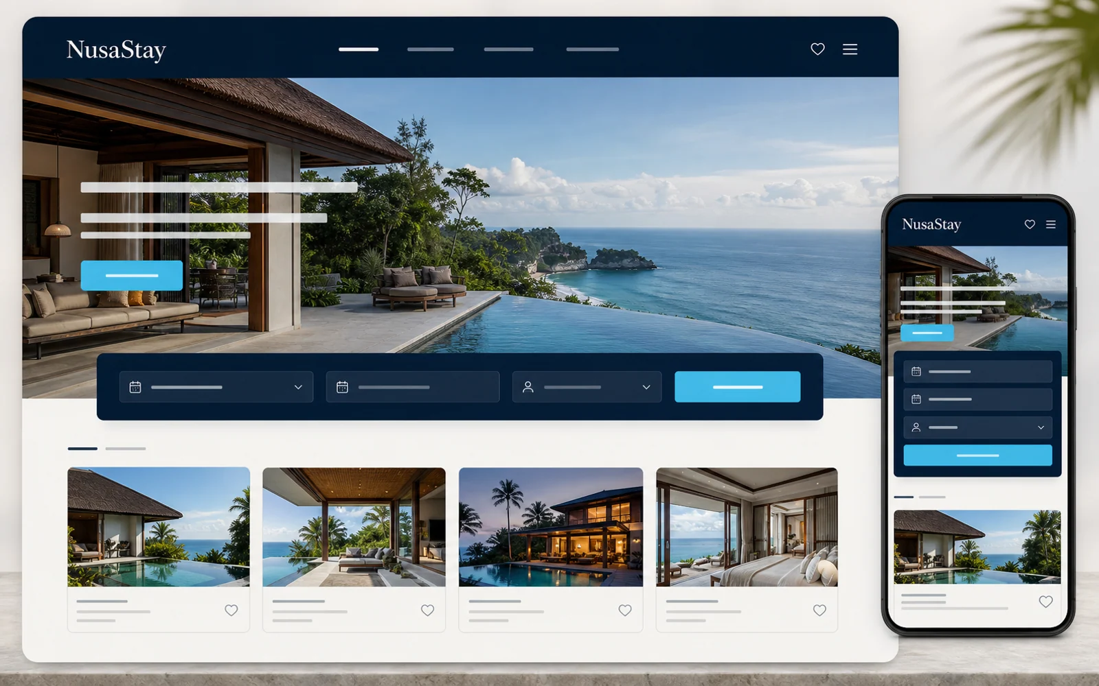 NusaStay Villas homepage concept with villa options and accommodation search