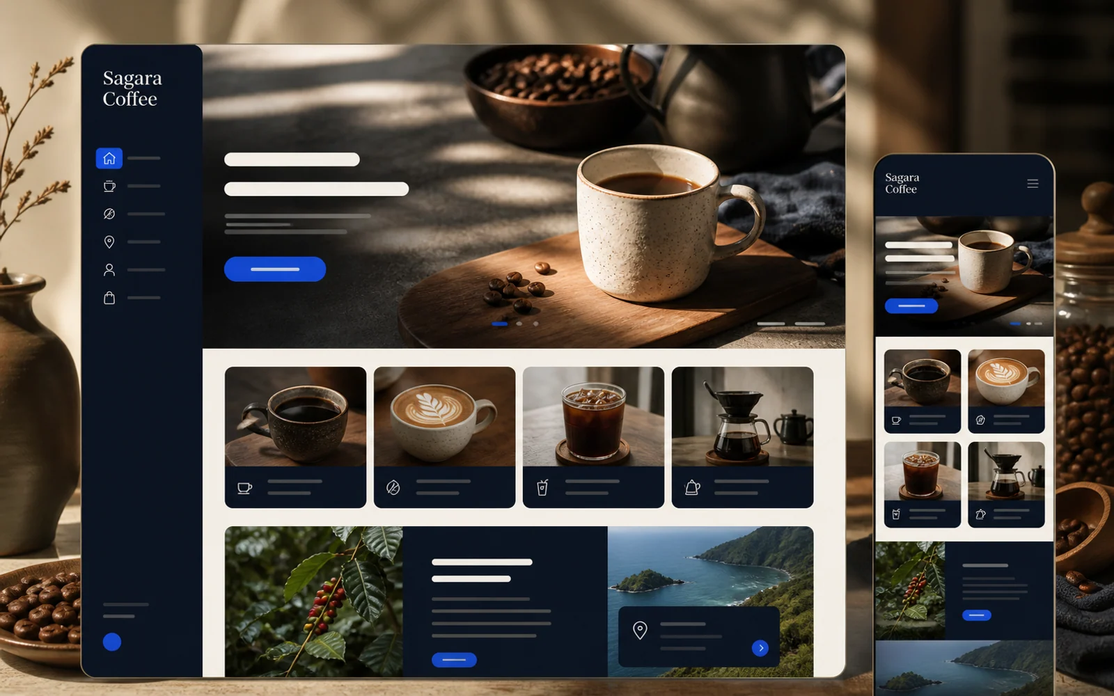 Sagara Coffee homepage concept with the shop’s story and menu highlights