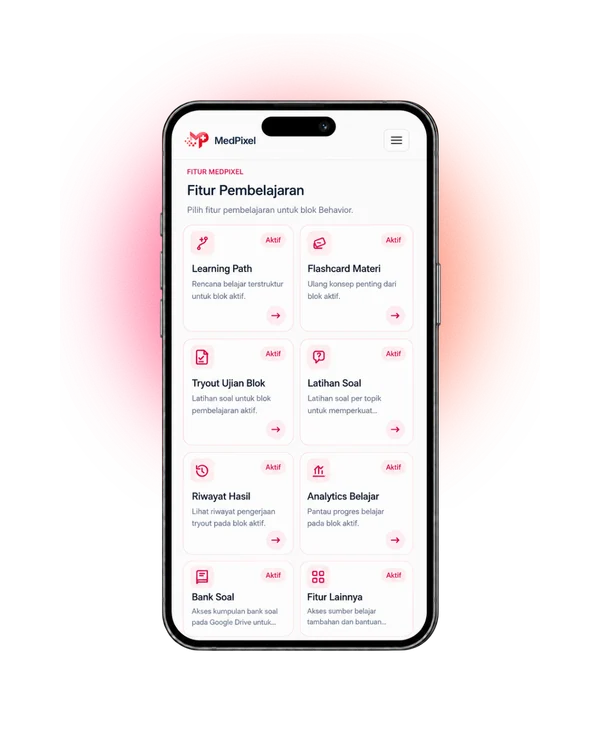 Tampilan pilihan fitur belajar MedPixel pada smartphone